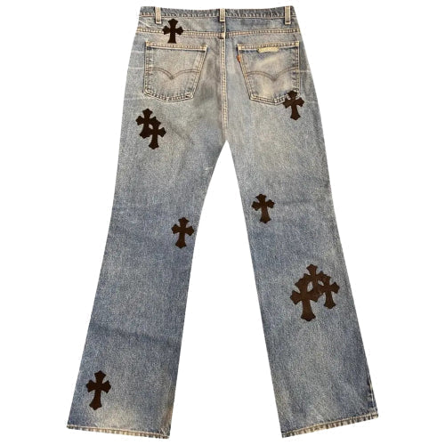 Rear view showing back pocket leather cross patch