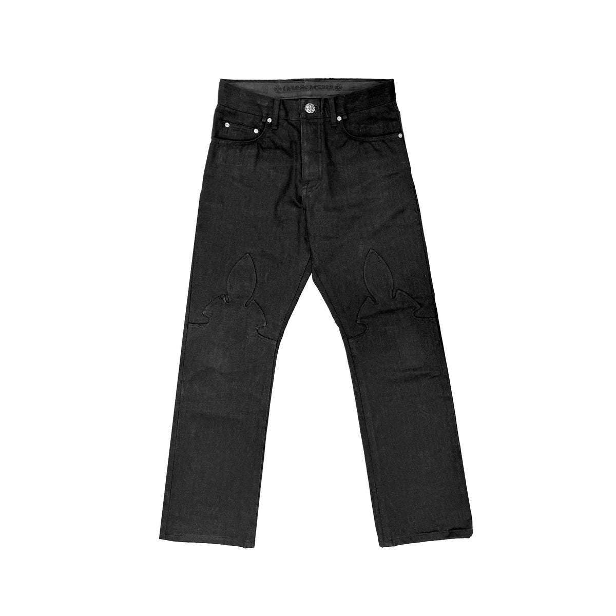 Chrome Hearts Black Fleur Knee Jeans front view