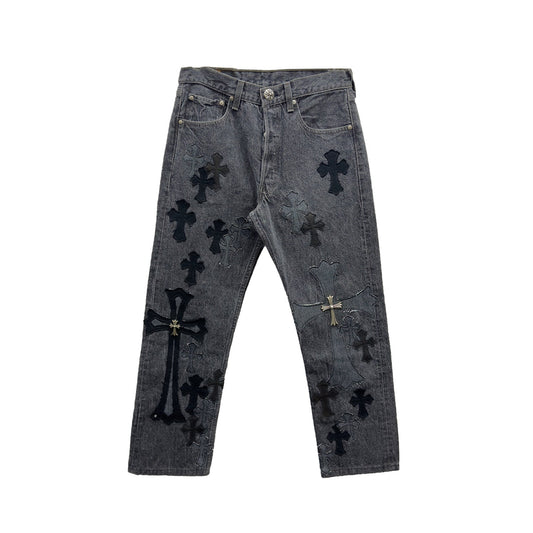 Chrome Hearts Black and Grey Silver Cross Patch Jeans front view