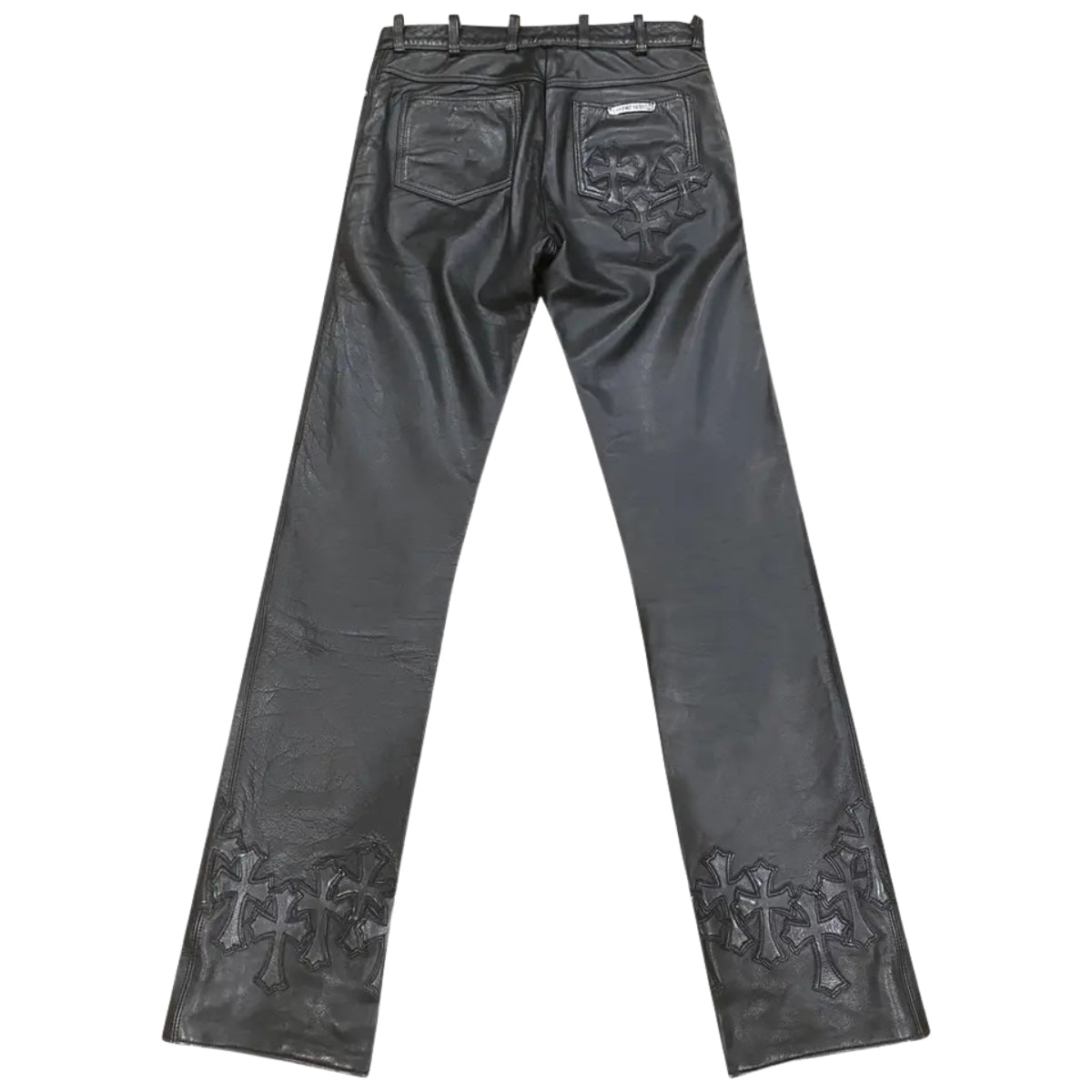 Back view of Chrome Hearts leather pants with Cemetery Cross design