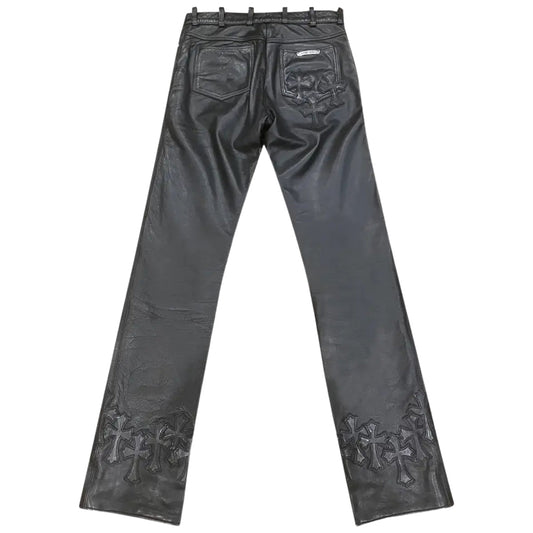 Back view of Chrome Hearts leather pants with Cemetery Cross design