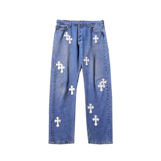 Chrome Hearts Drake Leather Cross Patch Jeans – Blue front view