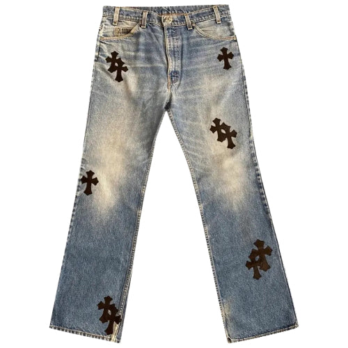 Front view of Chrome Hearts x Levi’s Cross Patch Denim Pants