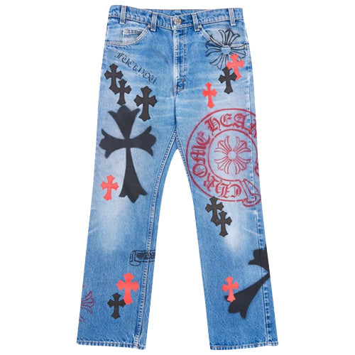 Front view of Chrome Hearts Levi's Stencil Cross Patch Jeans