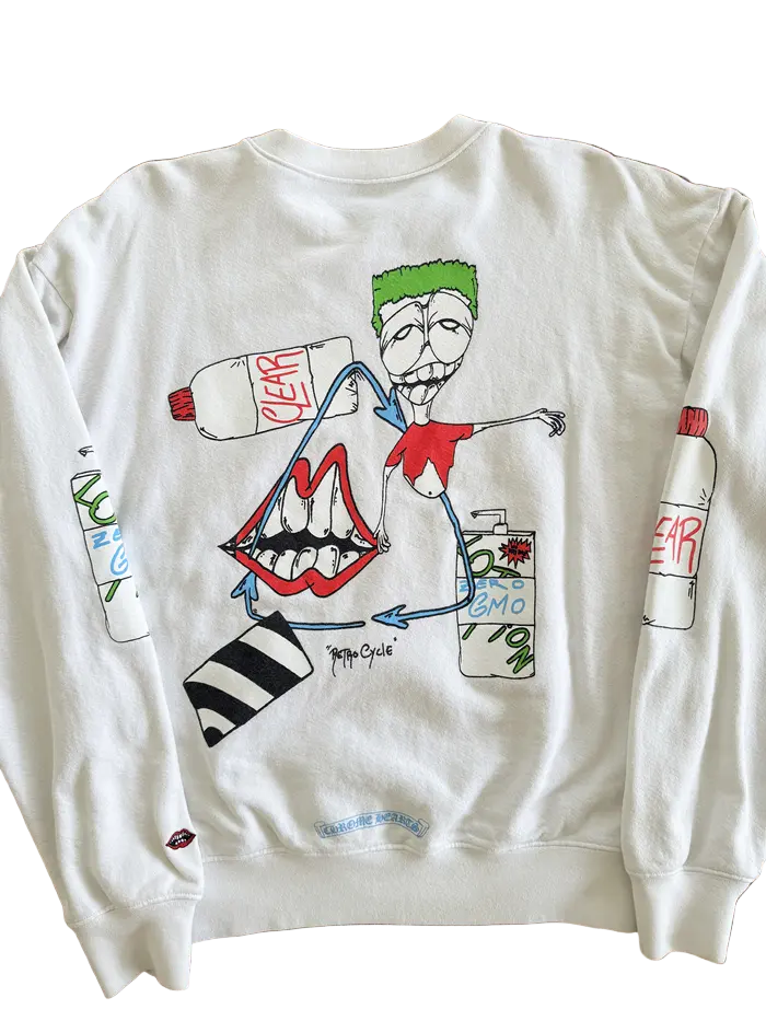 White sweatshirt with a colorful graphic design on a wooden surface