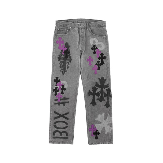 Chrome Hearts Online Exclusive Cross Patch Stencil Jeans – Light Grey front view
