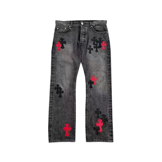 Chrome Hearts x Drake Black Red Cross Patch Jeans – Grey front view