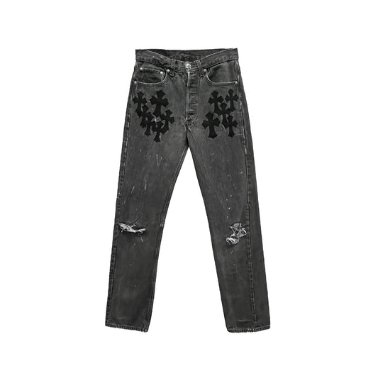Chrome Hearts x Levi's 501 Cemetery Cross Patch Jeans – Grey front view