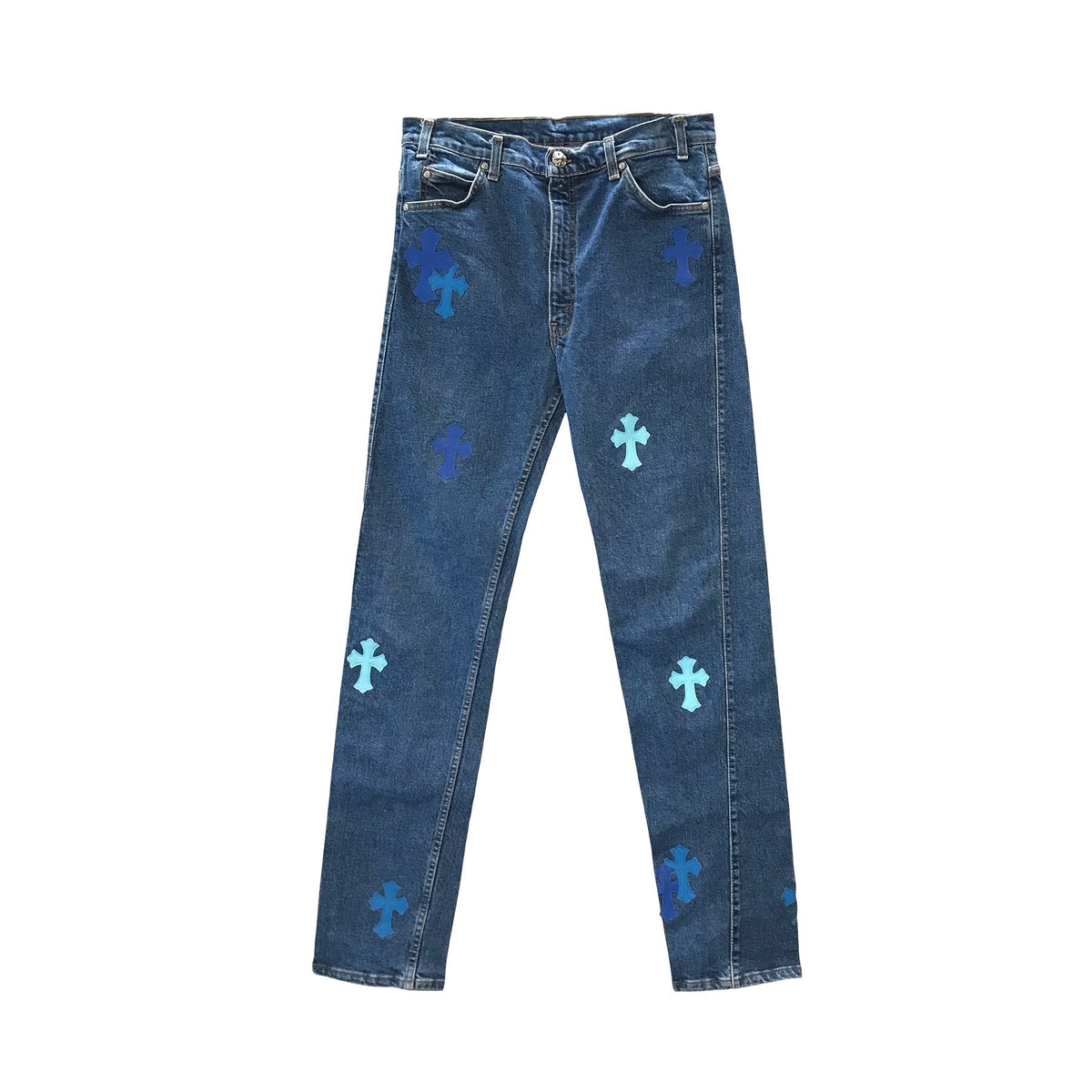 Chrome Hearts x Levi's Blue Cross Patch Jeans – Denim front view