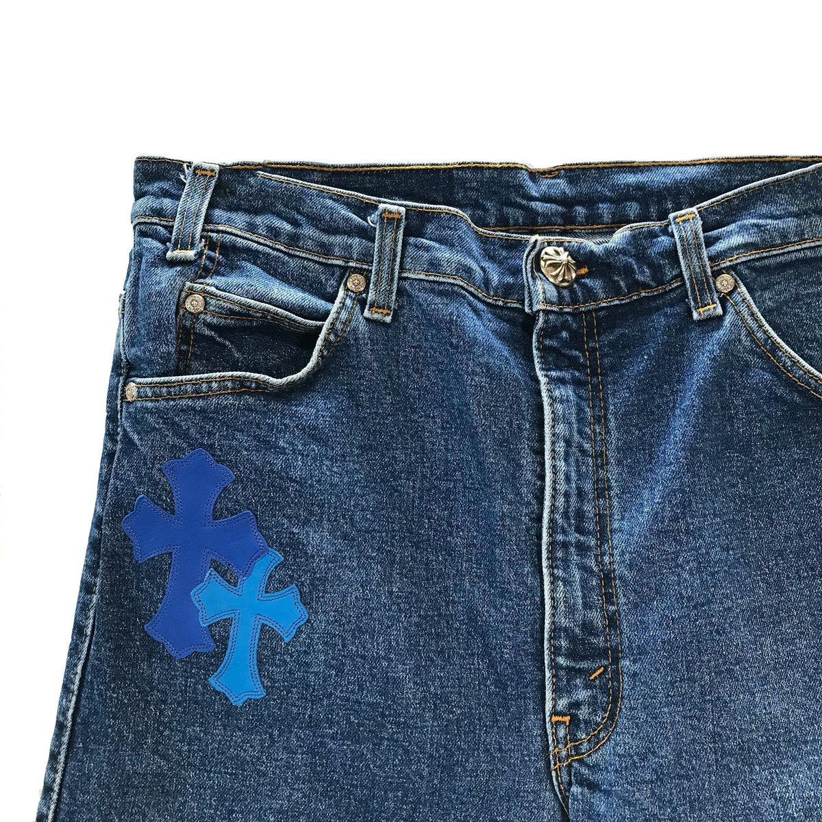 Chrome Hearts x Levi's Blue Cross Patch Jeans – Denim detail view